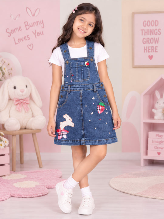 Kiddopanti Girls Denim Woven Graphic Pinafore Dungaree Dress