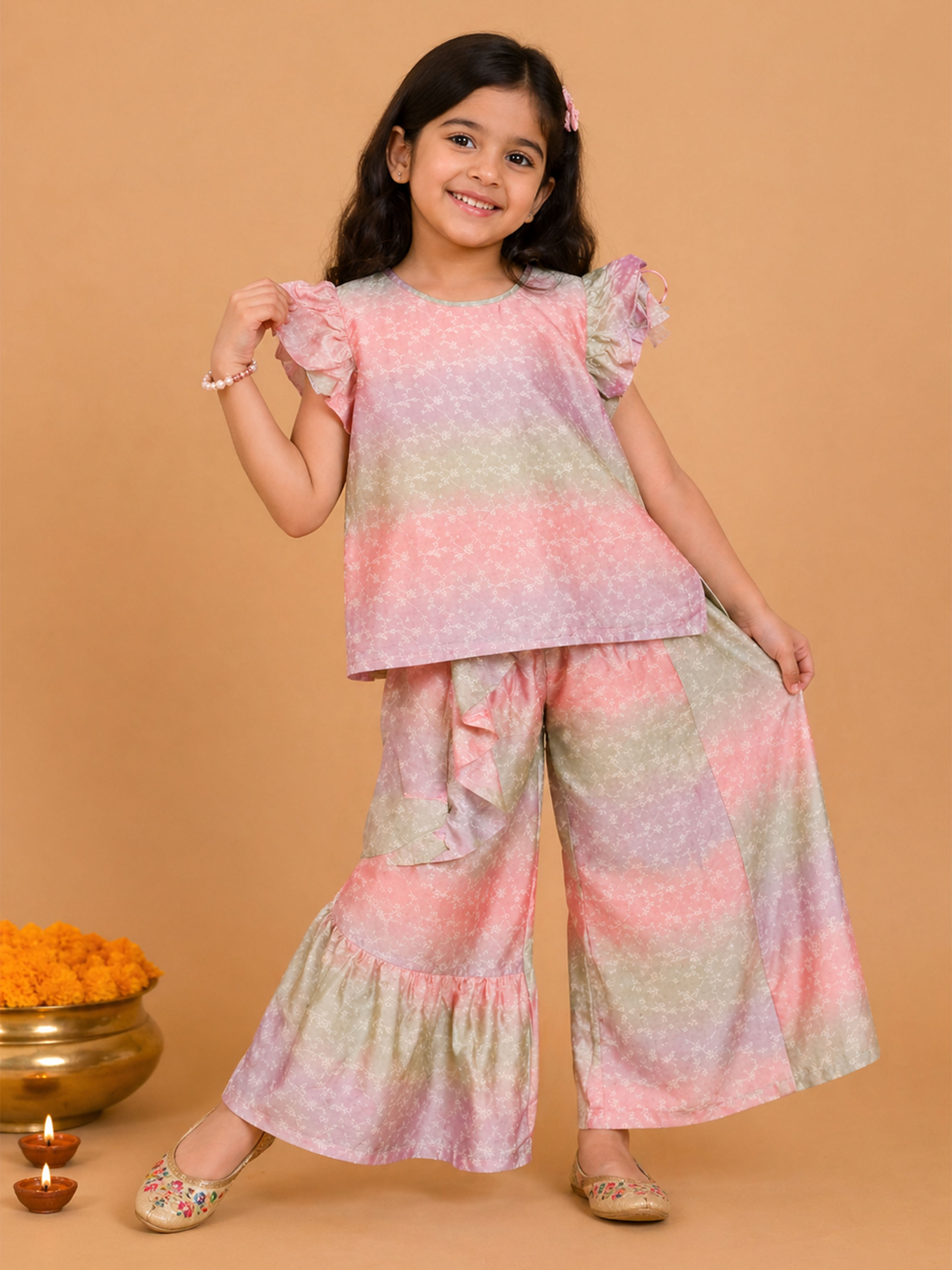 Kiddopanti Girls Polyester Woven Frill Sleeves Tie And Die Printed Top & Palazzo Pant Set