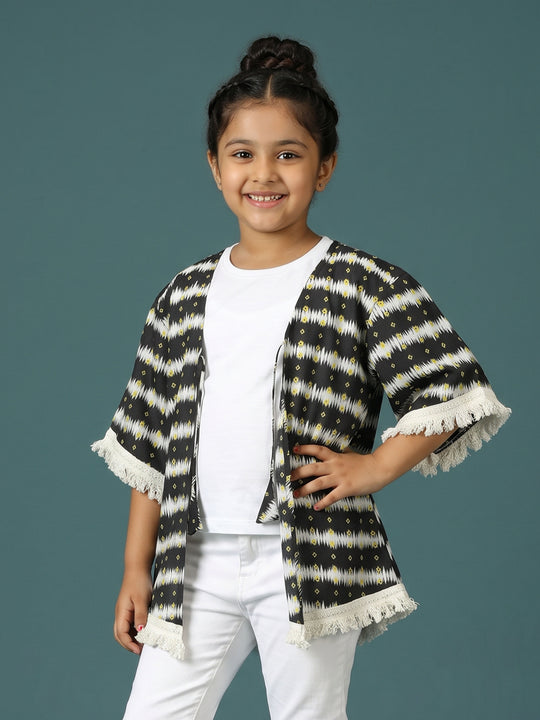 Kiddopanti Girls Cotton Woven 3/4th Sleeves Chevron Stripes Kaftan Lace Shrug