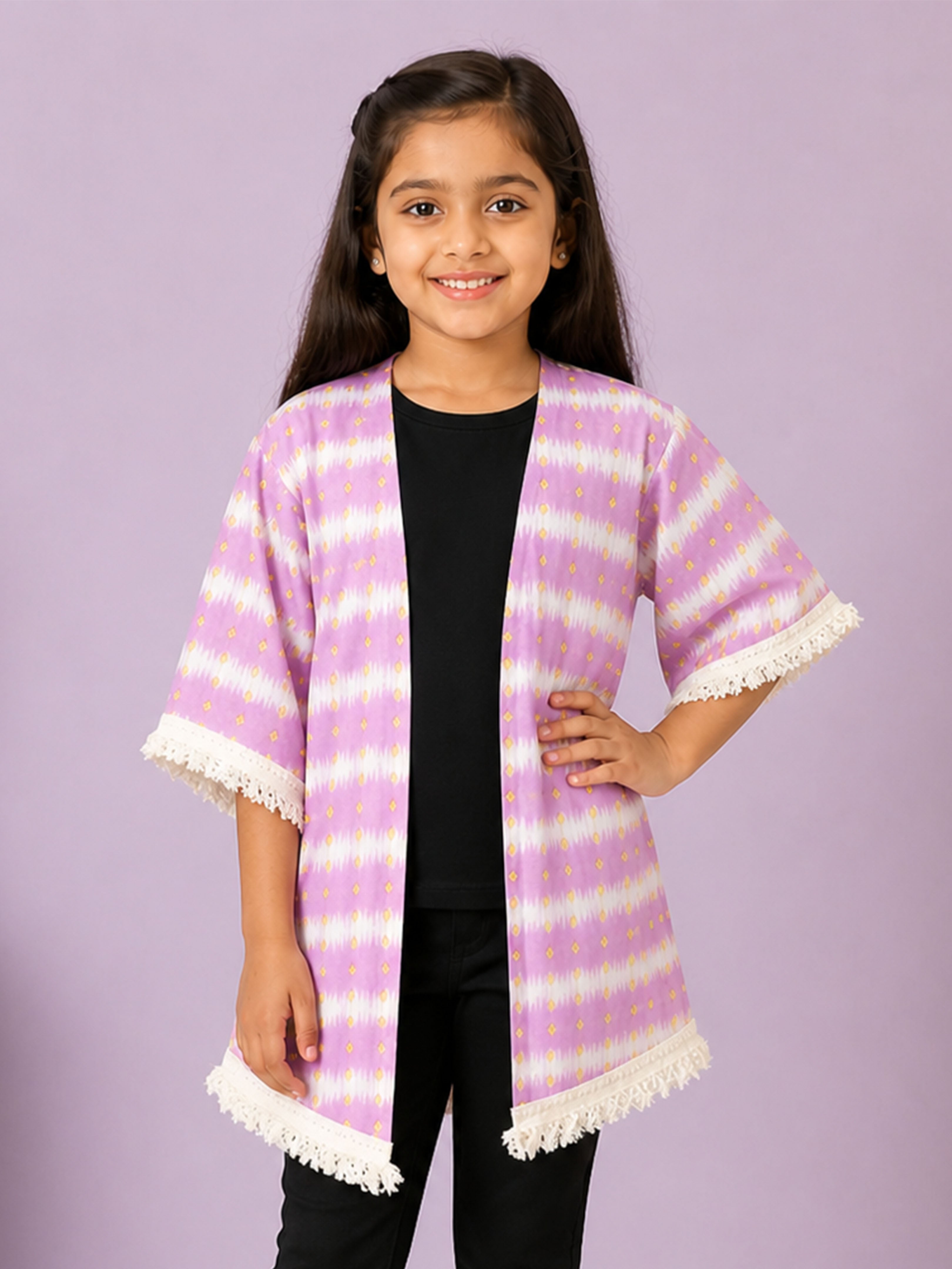 Kiddopanti Girls Cotton Woven 3/4th Sleeves Chevron Stripes Kaftan Lace Shrug