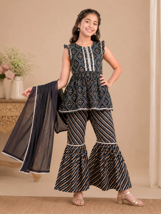 Kiddopanti Girls Cotton Woven Sleeveless Ethnic Motif Printed Kurta & Sharara With Dupatta Set