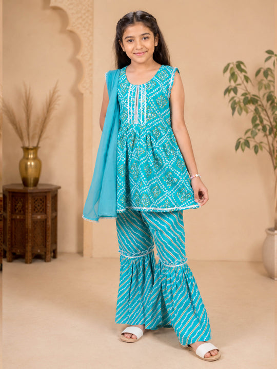 Kiddopanti Girls Cotton Woven Sleeveless Ethnic Motif Printed Kurta & Sharara With Dupatta Set