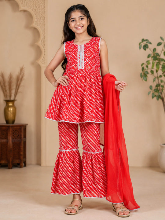 Kiddopanti Girls Cotton Woven Sleeveless Ethnic Motif Printed Kurta & Sharara With Dupatta Set