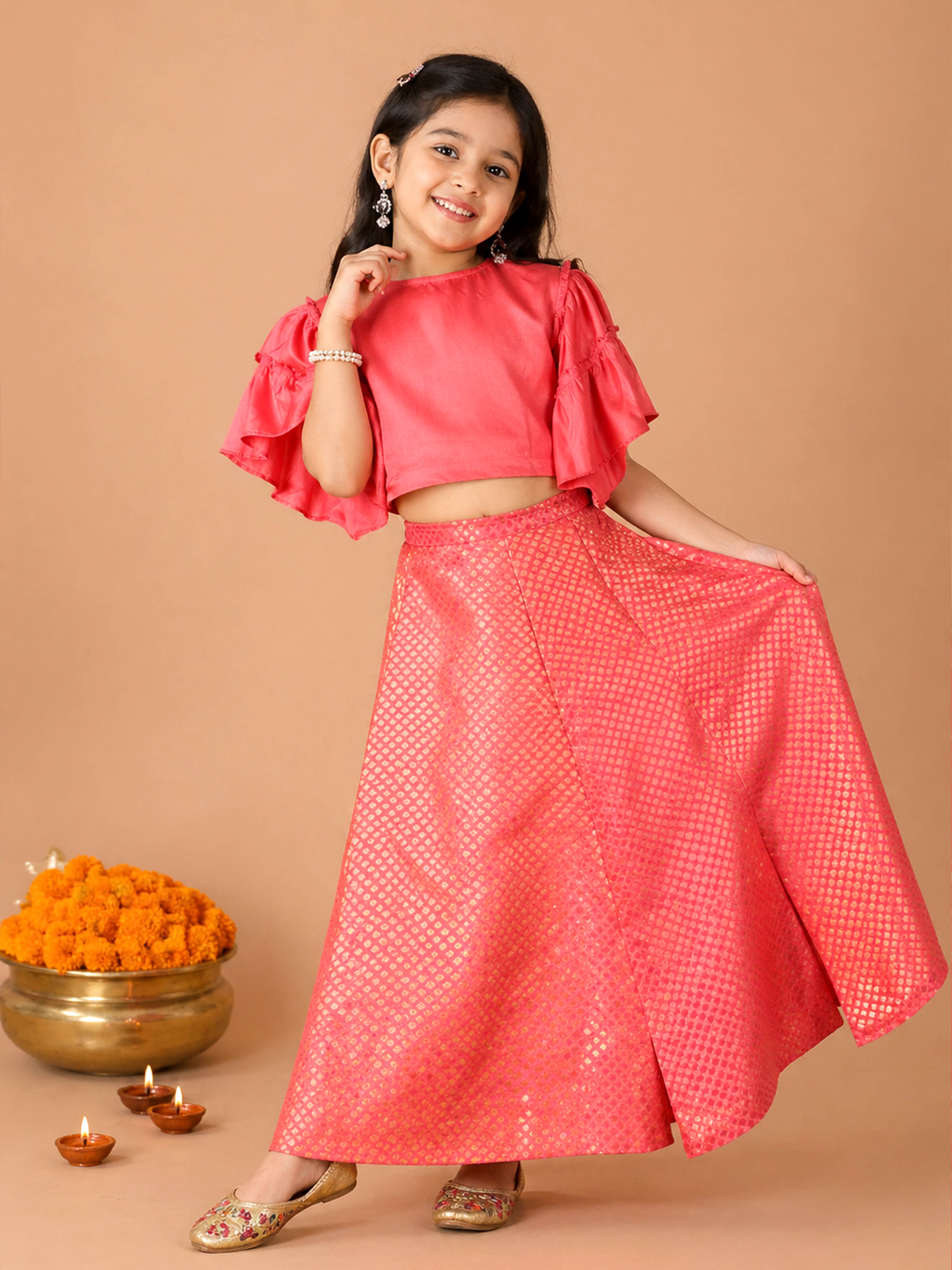 Kiddopanti Girls Rayon Woven Ethnic Half Sleeve Choli & Polyester Woven Jacquard Printed Lehenga set