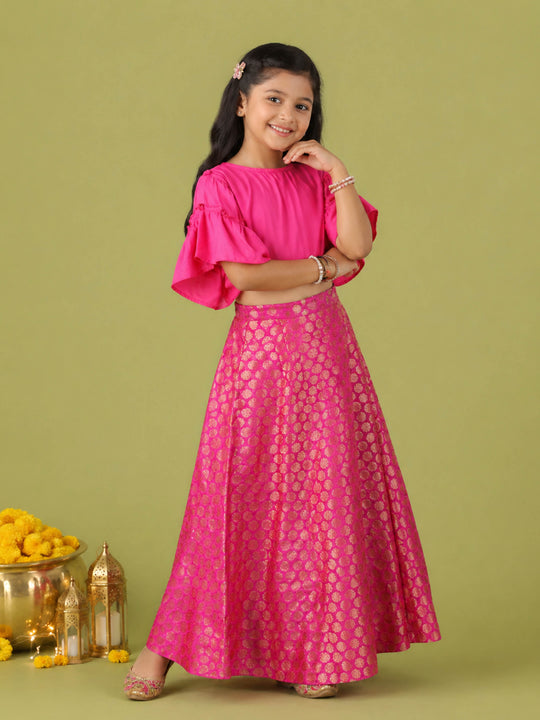 Kiddopanti Girls Rayon Woven Ethnic Half Sleeve Choli & Polyester Woven Jacquard Printed Lehenga set