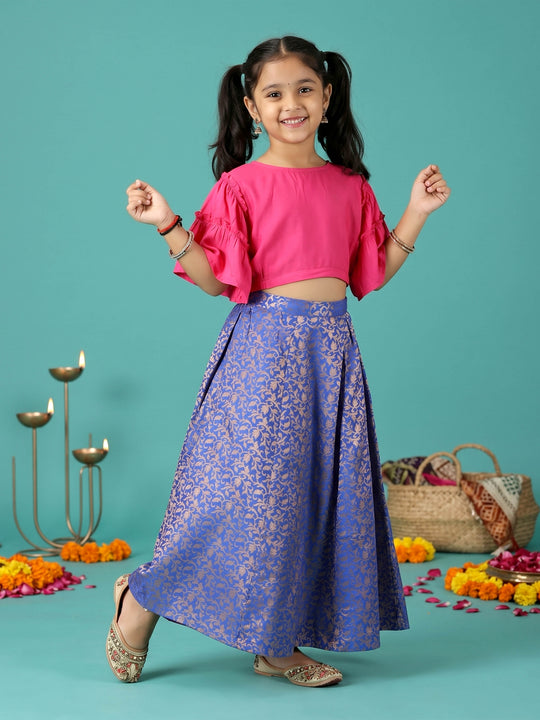 Kiddopanti Girls Rayon Woven Ethnic Half Sleeve Choli & Polyester Woven Jacquard Printed Lehenga set
