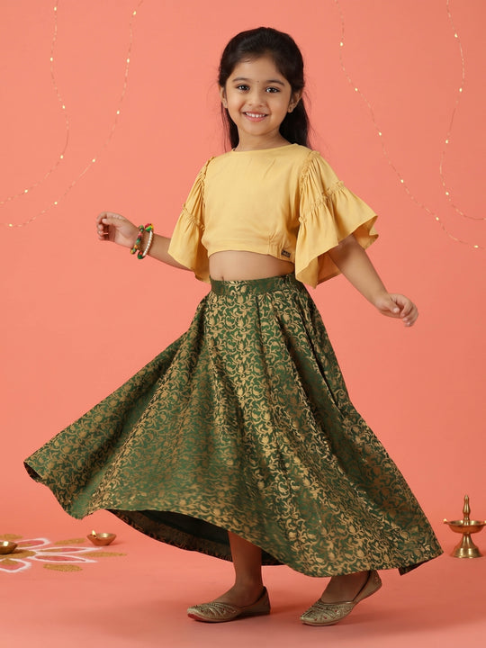 Kiddopanti Girls Rayon Woven Ethnic Half Sleeve Choli & Polyester Woven Jacquard Printed Lehenga set