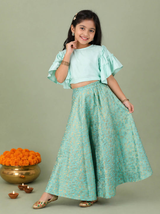 Kiddopanti Girls Rayon Woven Ethnic Half Sleeve Choli & Polyester Woven Jacquard Printed Lehenga set