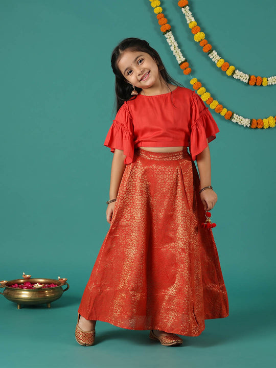 Kiddopanti Girls Rayon Woven Ethnic Half Sleeve Choli & Polyester Woven Jacquard Printed Lehenga set