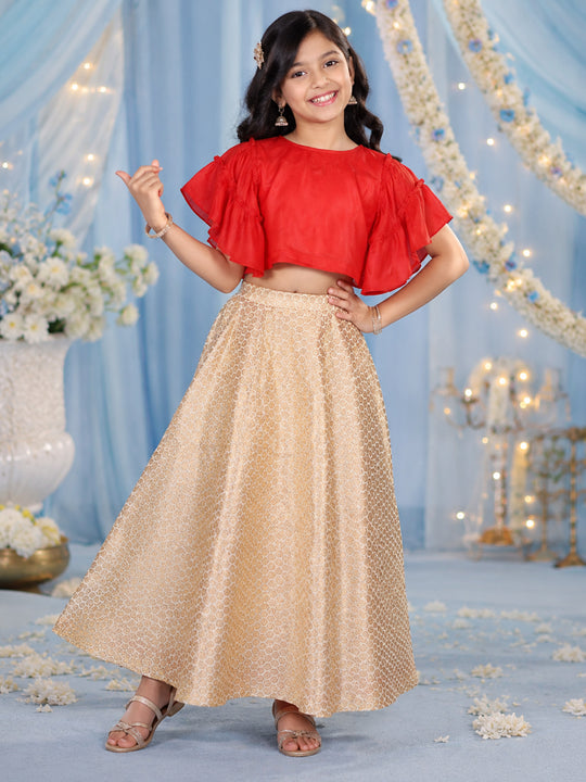 Kiddopanti Girls Rayon Woven Ethnic Half Sleeve Choli & Polyester Woven Jacquard Printed Lehenga set