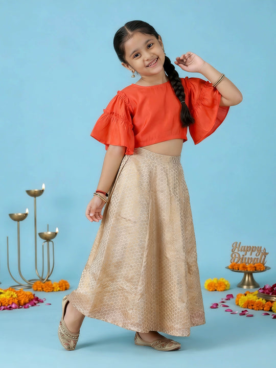 Kiddopanti Girls Rayon Woven Ethnic Half Sleeve Choli & Polyester Woven Jacquard Printed Lehenga set