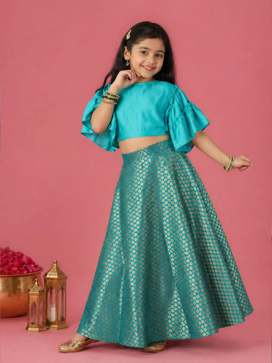 Kiddopanti Girls Rayon Woven Ethnic Half Sleeve Choli & Polyester Woven Jacquard Printed Lehenga set