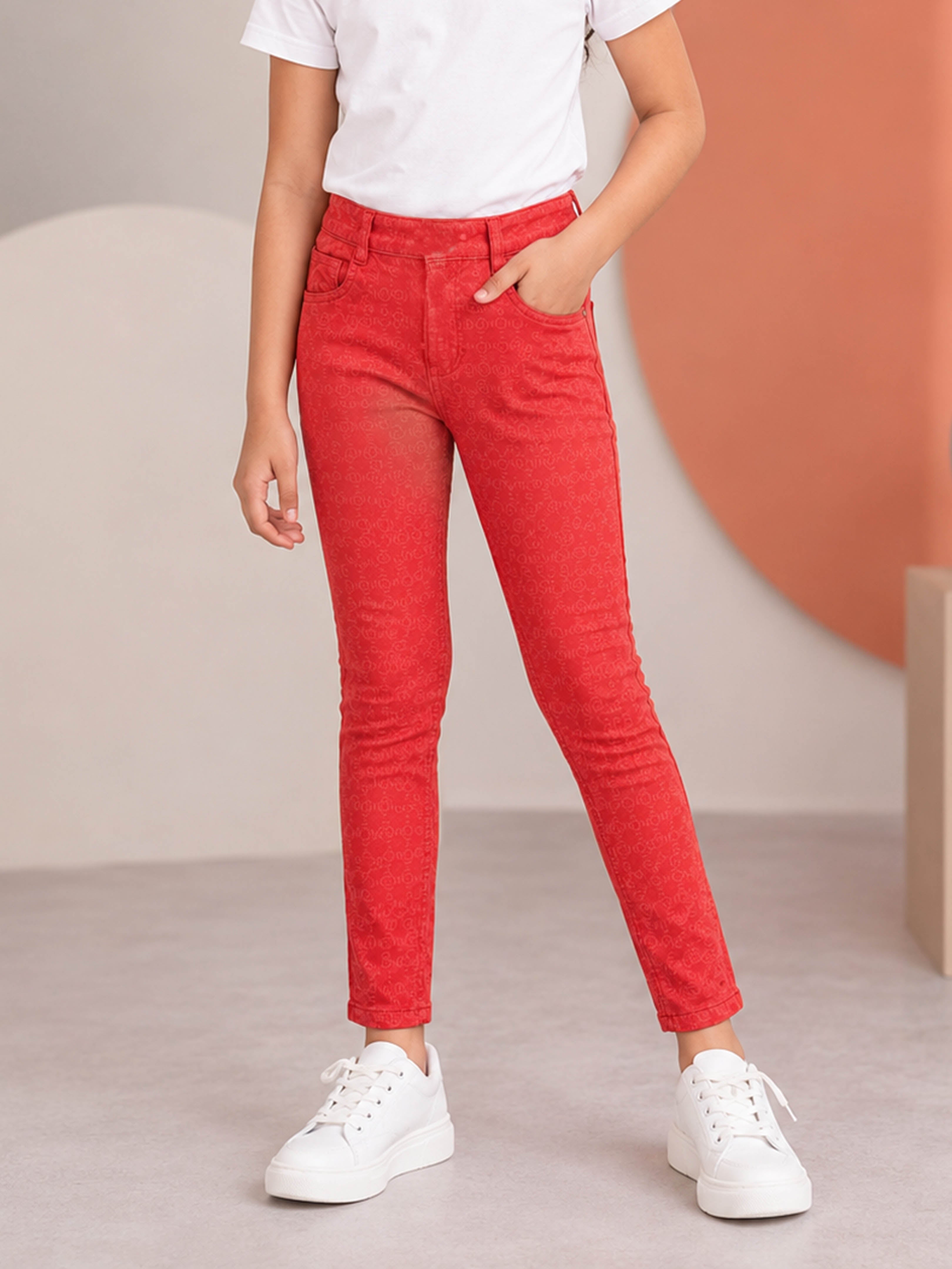 Kiddopanti Girls Cotton Lycra Printed Stretchable Twill Jegging