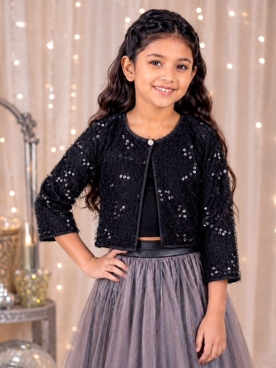 Kiddopanti Girls Knitted Fabric 3/4th Sleeve Sequin Embellished Front Open Party Shrug Jacket