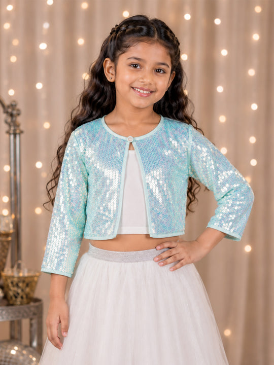 Kiddopanti Girls Knitted Fabric 3/4th Sleeve Sequin Embellished Front Open Party Shrug Jacket