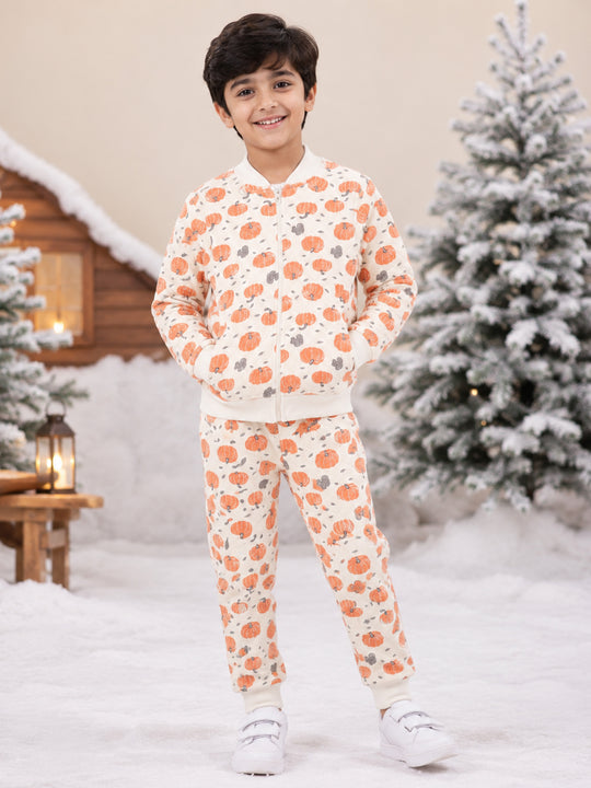 Kiddopanti Boys & Girls Cotton Knit Full Sleeves Floral Printed Quilted Winter Jacket & Jogger Pant Co Orde Set