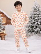 Kiddopanti Boys & Girls Cotton Knit Full Sleeves Floral Printed Quilted Winter Jacket & Jogger Pant Co Orde Set - Cream Orange Pumpkin / 1-2Y