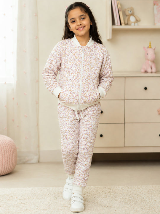 Kiddopanti Boys & Girls Cotton Knit Full Sleeves Floral Printed Quilted Winter Jacket & Jogger Pant Co Orde Set