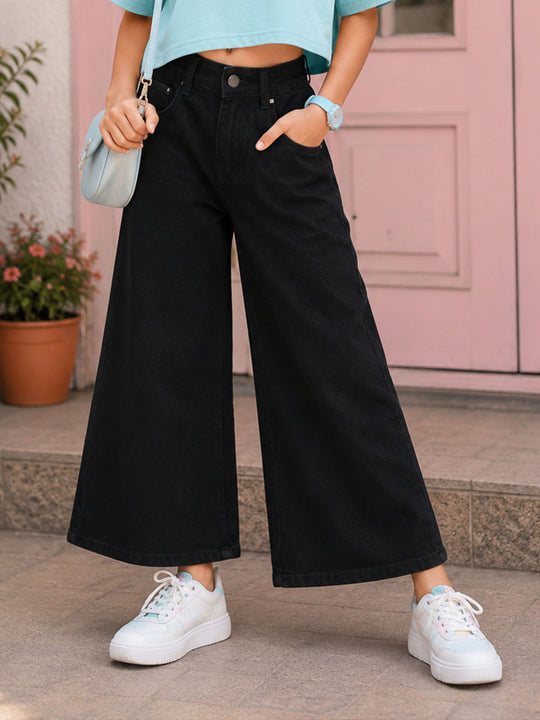 Kiddopanti Girls Denim Woven Solid Baggy Fit Wide Leg Denim Jeans Pants