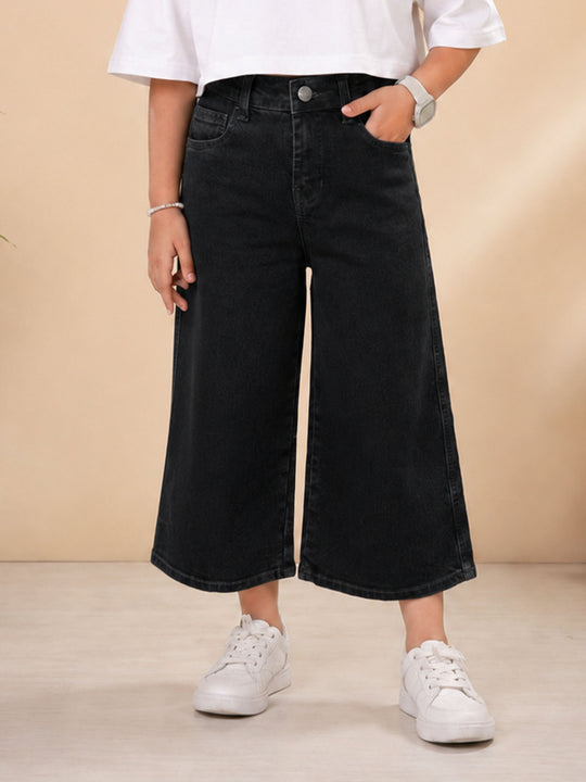 Kiddopanti Girls Denim Woven Solid Baggy Fit Wide Leg Denim Jeans Pants