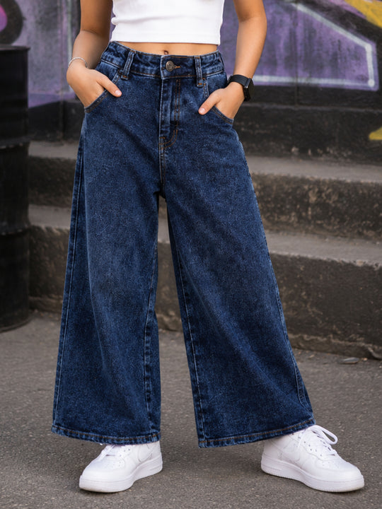 Kiddopanti Girls Denim Woven Solid Baggy Fit Wide Leg Denim Jeans Pants
