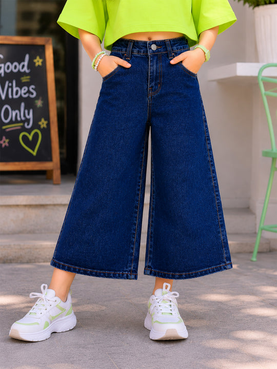 Kiddopanti Girls Denim Woven Solid Baggy Fit Wide Leg Denim Jeans Pants