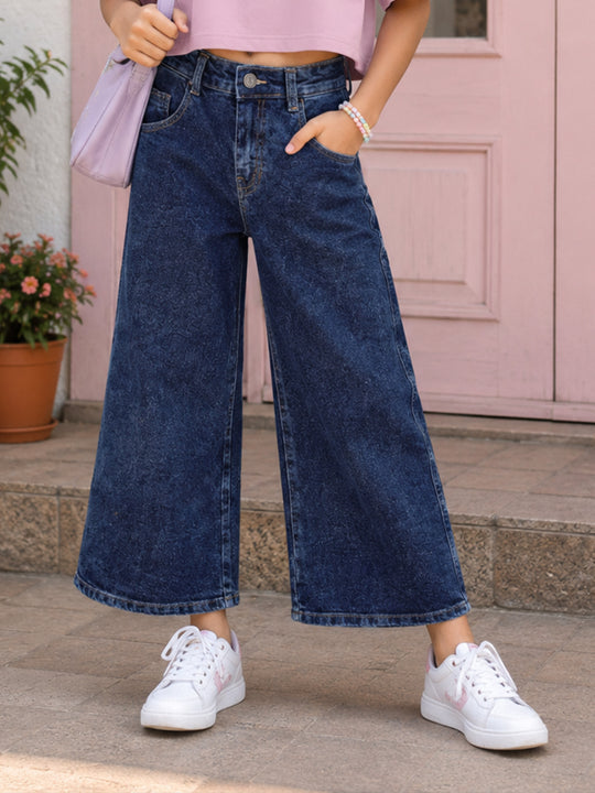 Kiddopanti Girls Denim Woven Solid Baggy Fit Wide Leg Denim Jeans Pants