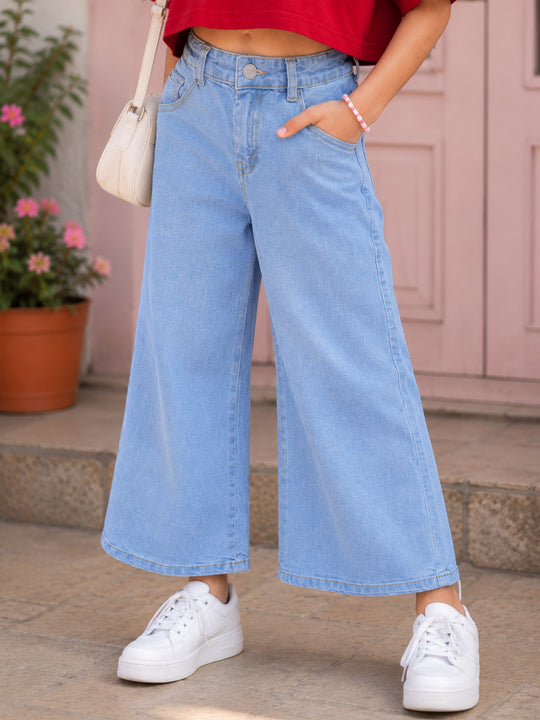 Kiddopanti Girls Denim Woven Solid Baggy Fit Wide Leg Denim Jeans Pants