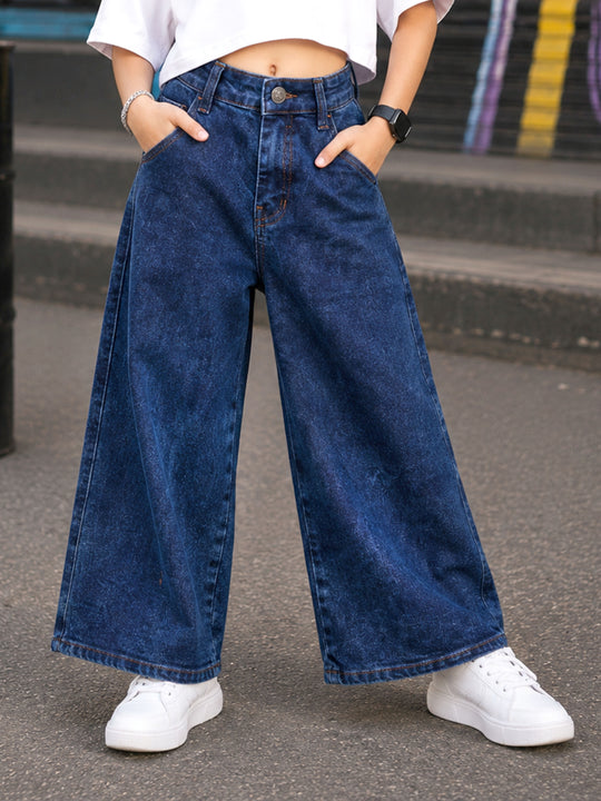 Kiddopanti Girls Denim Woven Solid Baggy Fit Wide Leg Denim Jeans Pants