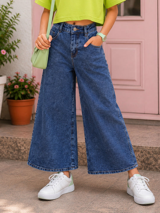 Kiddopanti Girls Denim Woven Solid Baggy Fit Wide Leg Denim Jeans Pants