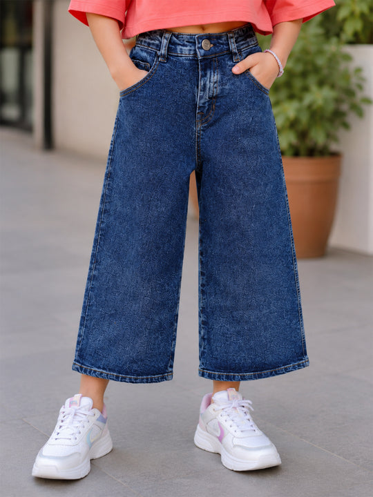 Kiddopanti Girls Denim Woven Solid Baggy Fit Wide Leg Denim Jeans Pants