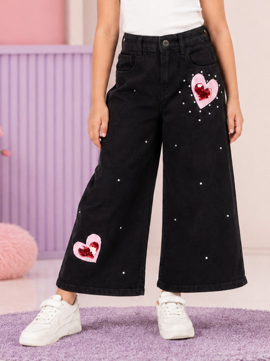Kiddopanti Girls Baggy Fit Wide Leg Denim Jeans with Gingham Heart Applique Sequin Heart & Pearl Embellishment