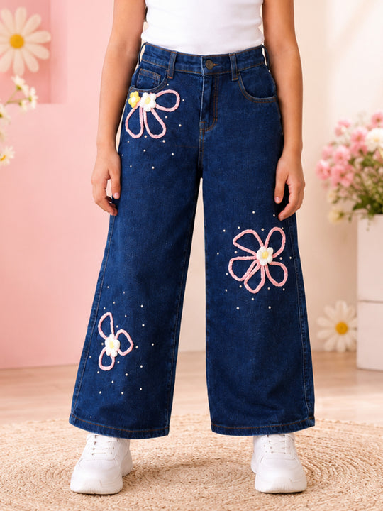 Kiddopanti Girls Denim Woven Baggy Fit Wide Leg Denim Jeans with Pearl Embellishment