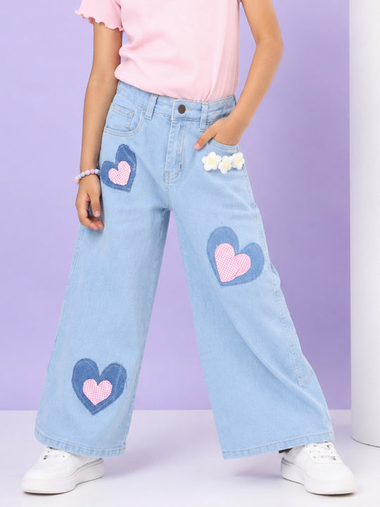 Kiddopanti Girls Baggy Fit Wide Leg Denim Jeans with Gingham Heart Applique Sequin Heart & Pearl Embellishment