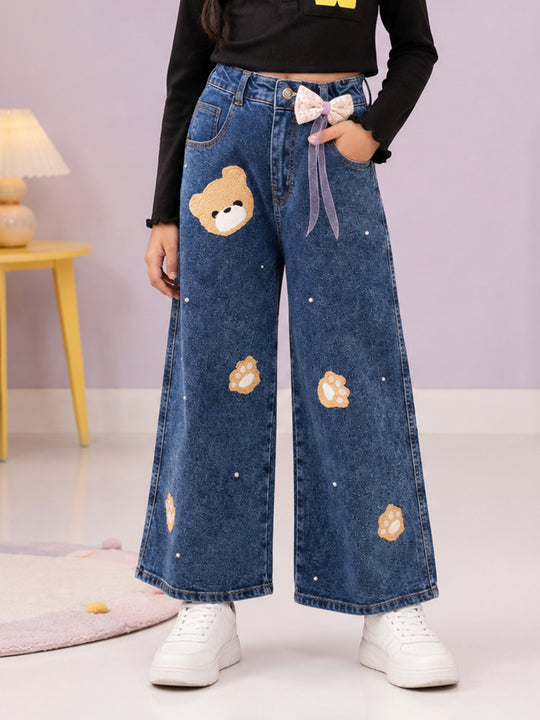 Kiddopanti Girls Denim Woven Baggy Fit Wide Leg Denim Jeans with Pearl Embellishment