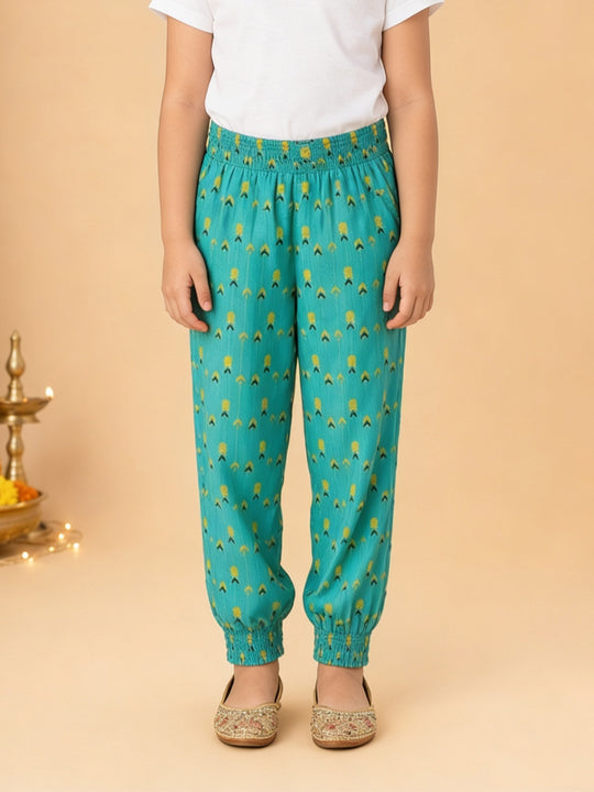 Kiddopanti Girls Rayon Woven All Over chevron Style Printed Smocking Harem Pant