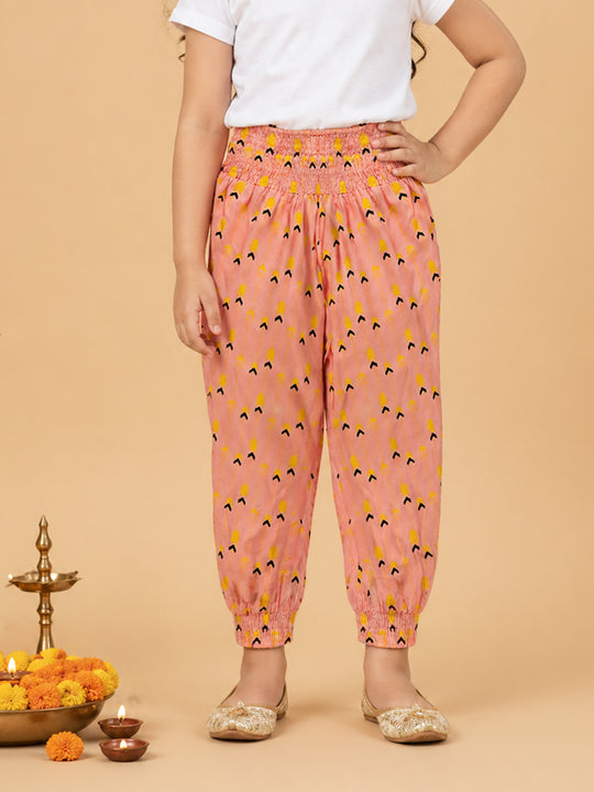 Kiddopanti Girls Rayon Woven All Over chevron Style Printed Smocking Harem Pant