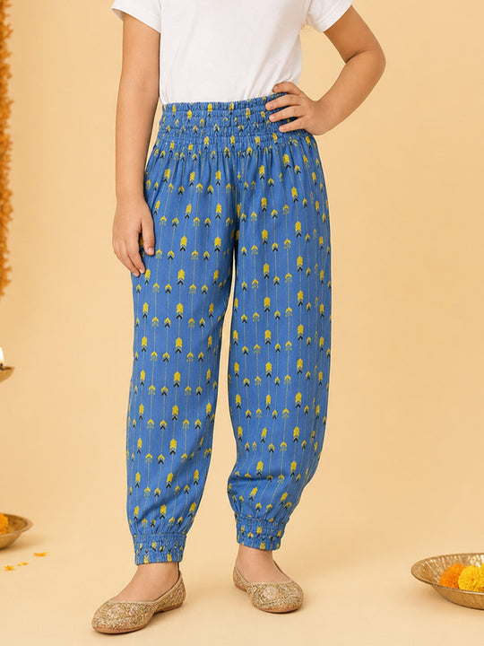 Kiddopanti Girls Rayon Woven All Over chevron Style Printed Smocking Harem Pant