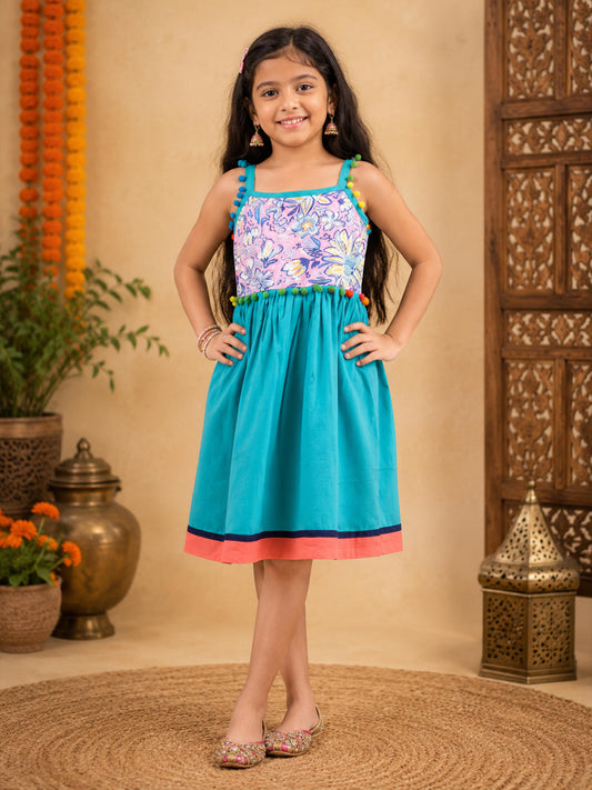 Kiddopanti Girls Cotton Knit Sleeveless Floral Printed Strap Dress