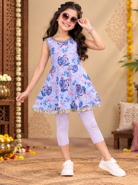 Kiddopanti Cotton Knit Sleeveless Floral Printed Peplum Kurta Top & Solid Capri Legging Co-ord Set