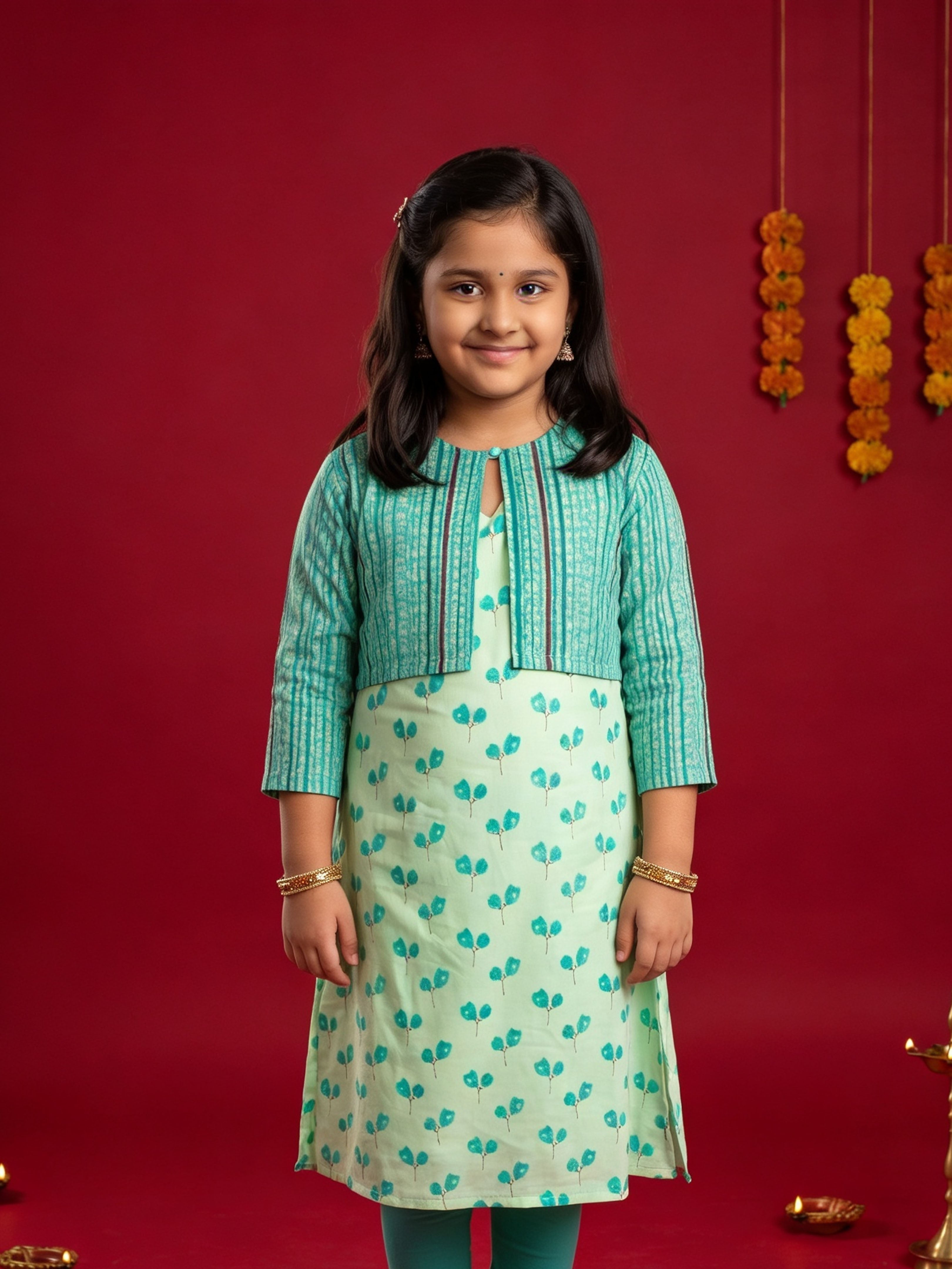 Kiddopanti Girls Cotton Woven Sleeveless Floral Printed Kurta with Crop Shrug Set
