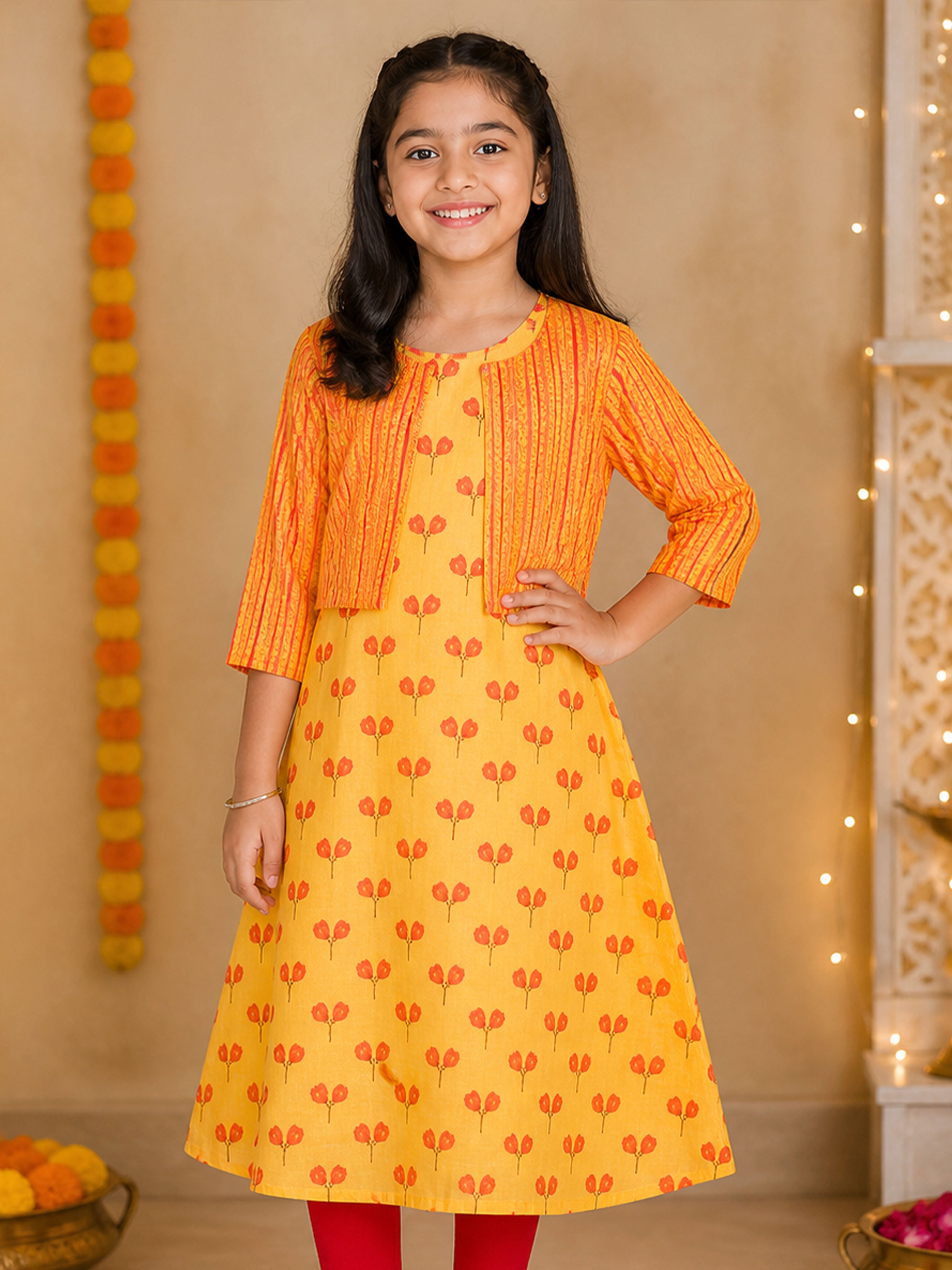 Kiddopanti Girls Cotton Woven Sleeveless Floral Printed Kurta with Crop Shrug Set