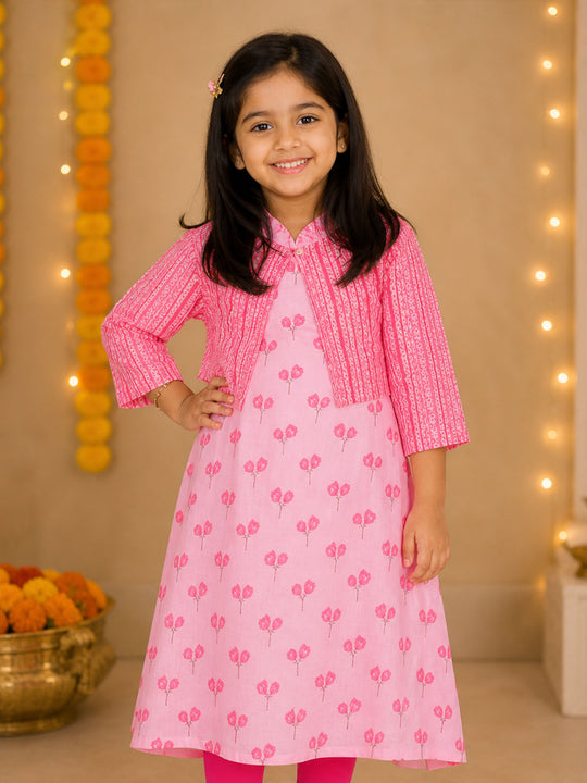 Kiddopanti Girls Cotton Woven Sleeveless Floral Printed Kurta with Crop Shrug Set