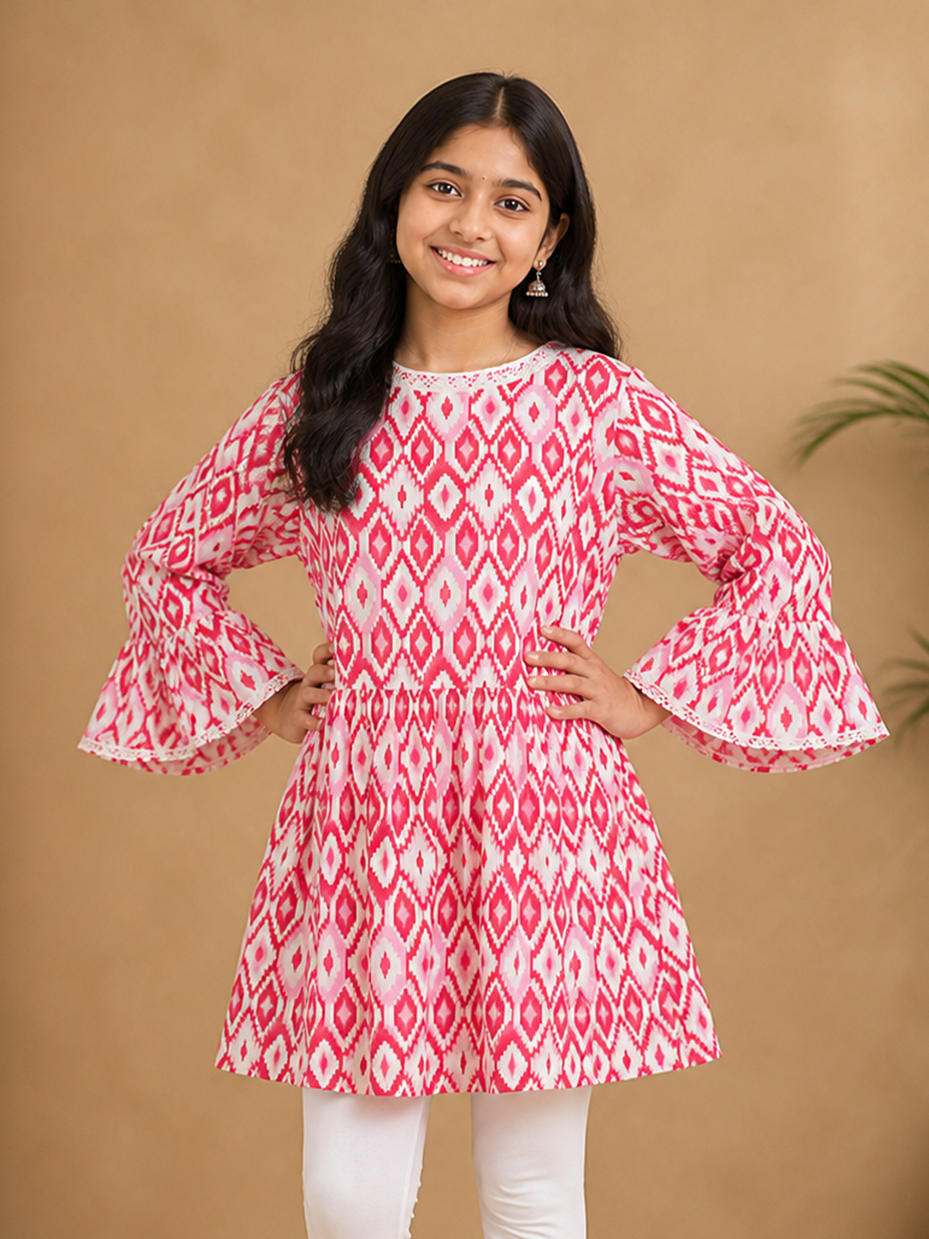 Kiddopanti Girls Cotton Woven Full Flared Sleeve Abstract Printed Kurta