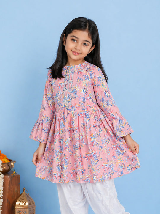 Kiddopanti Girls Rayon Woven Full Sleeves Floral Printed Empire Kurta