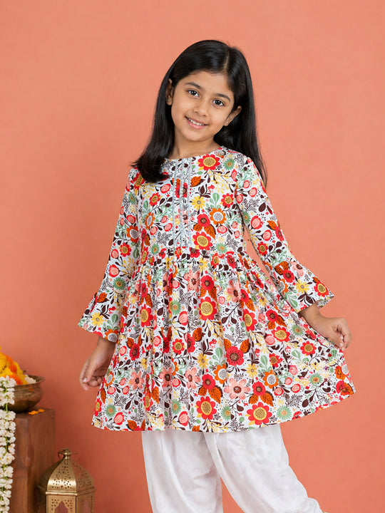 Kiddopanti Girls Rayon Woven Full Sleeves Floral Printed Empire Kurta
