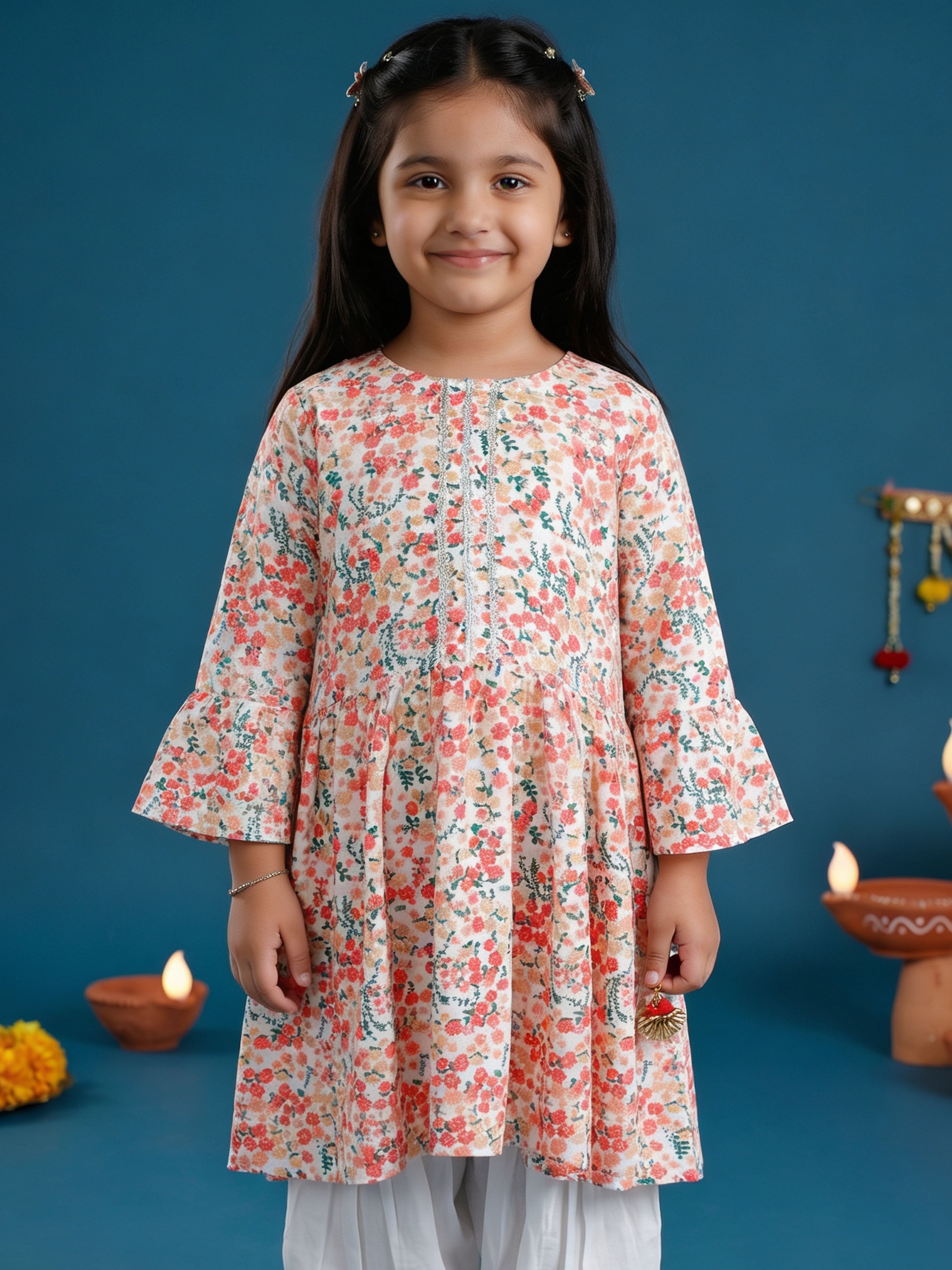 Kiddopanti Girls Rayon Woven Full Sleeves Floral Printed Empire Kurta
