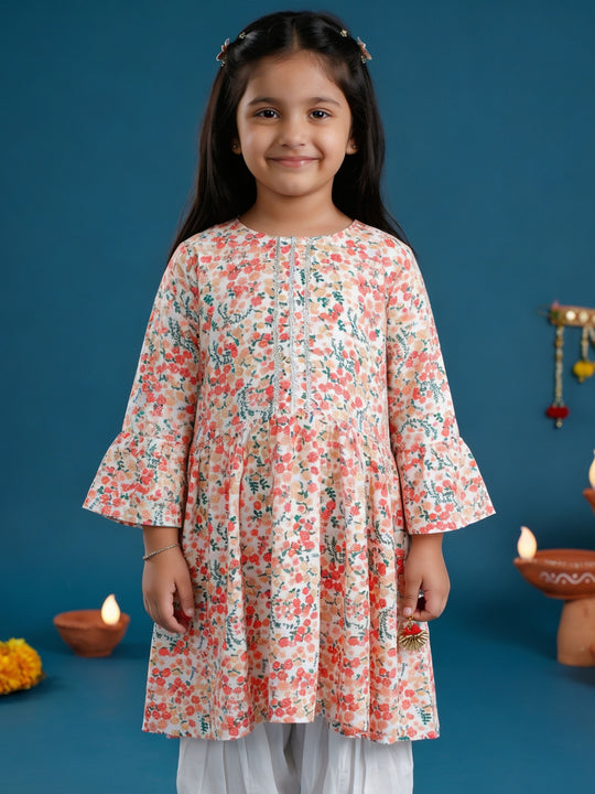Kiddopanti Girls Rayon Woven Full Sleeves Floral Printed Empire Kurta