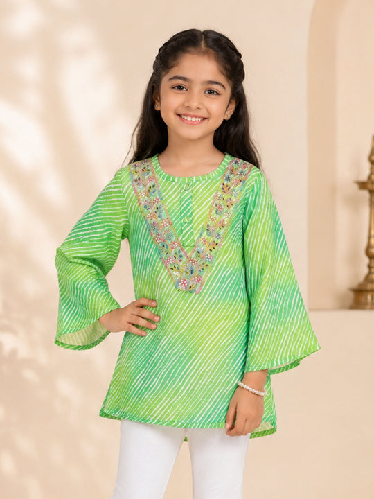 Kiddopanti Girls Polyester Georgette Leheriya Print Kurta with Embroidered Yoke Lace