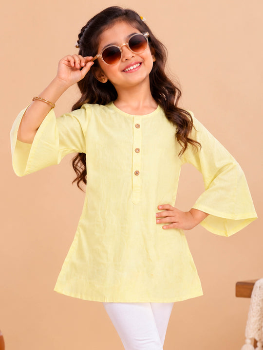 Kiddopanti Girls Rayon Woven Flared Sleeves Solid A-Line Short Kurti with Button Placket